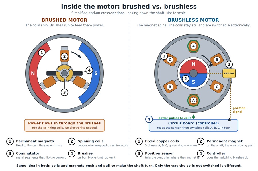 Drawing of the inside view down the shaft of a brushed vs brushless motor.